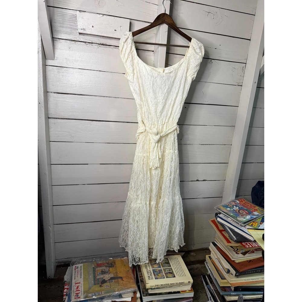 Vintage Blue Cream Lace Midi Dress Cottagecore Button Front Belted Ivory 9/10